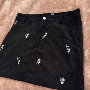 Black Corduroy Skirt with Floral Embroidery